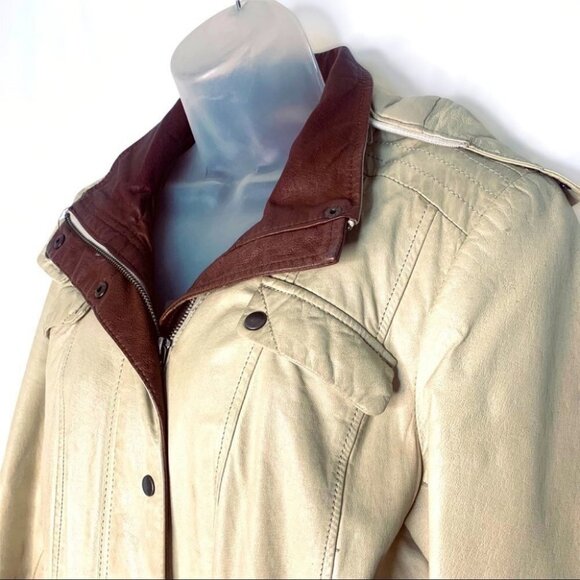 DANIER LEATHER CREAM BROWN HOODED WOMAN JACKET ELASTIC WAISTBAND SIZE ME… - Picture 15 of 15